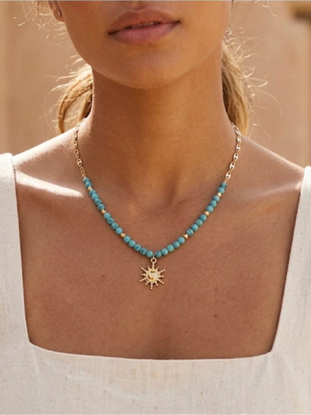 Turquoise Bead & Gold Sun Charm Necklace | Boho Chic | Versatile Wear